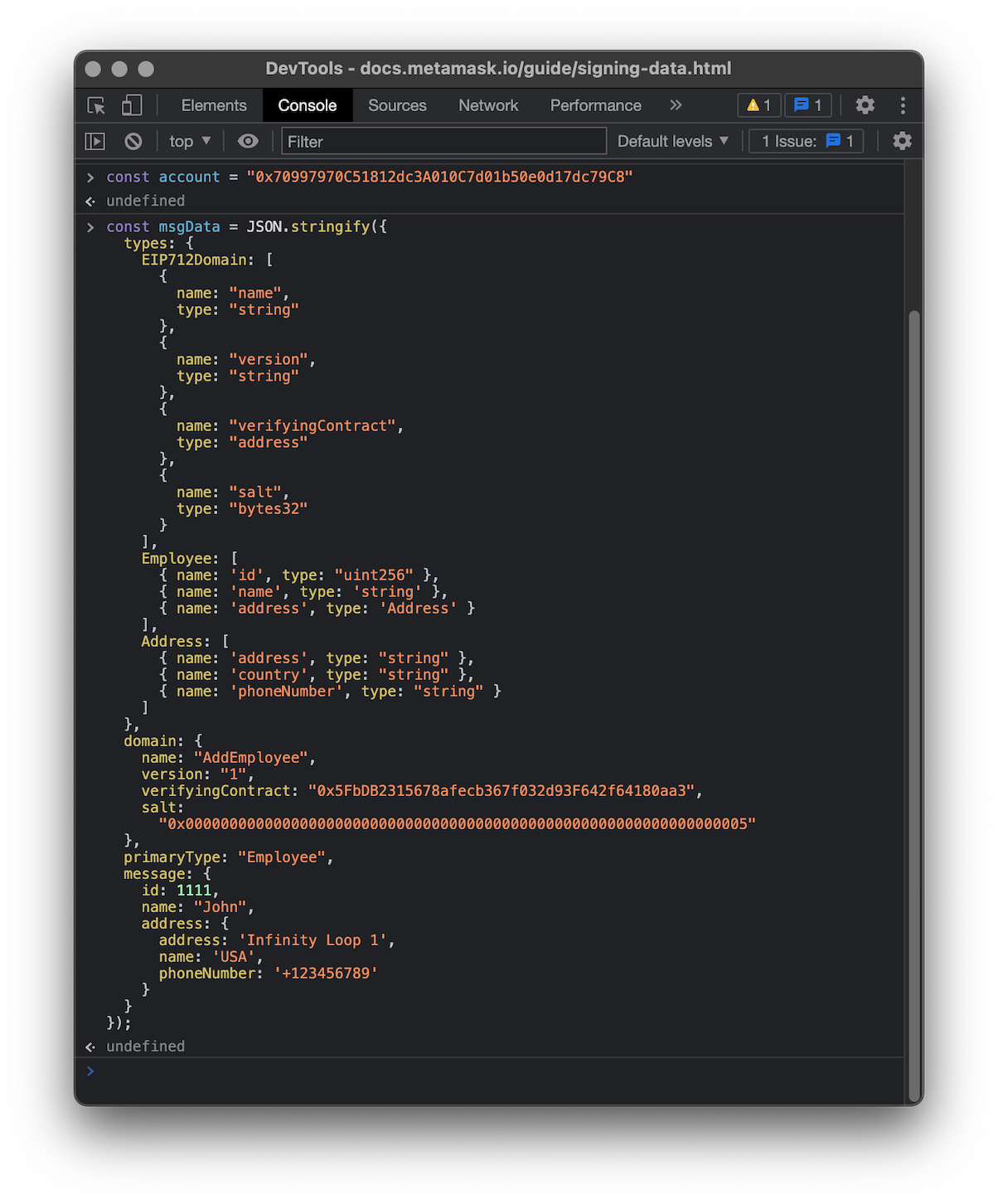 EIP-712 typed JSON data in developer console